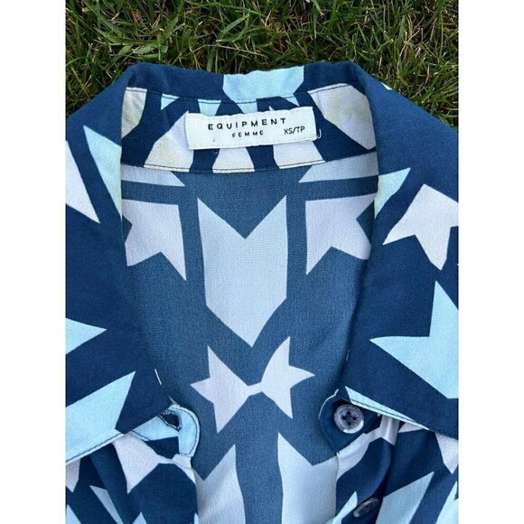 Equipment Blue/white print Tunic Shirt-Dress XS GUC button up  sleeveless - Picture 2 of 4